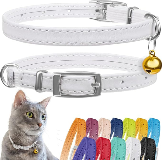 CollarDirect Leather Cat Collar, Kitten Collar with Removable Bell Black Blue Red Orange Lime Green (6-7 Inch, White)