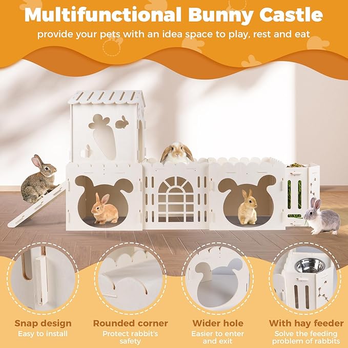 Extra Large Rabbit House, Wooden Bunny House Hideout with 4 Houses and Hay Feeder Indoor, Rabbit Guinea Pig Hideout Multistory Climbing Tower Sturdy Wooden Castle, Small Animal Hideaway Tunnel