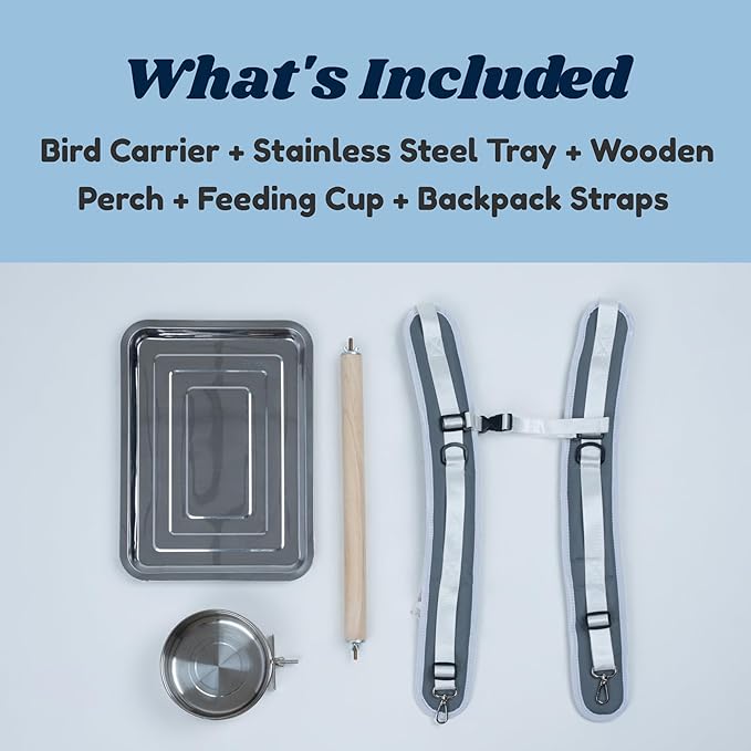 Birds Day Bird Carrier Backpack-Parrot Travel Cage with 2PCS Perch and Food Bowl, Stainless Steel Tray (Charcoal Gray, Cockatoo & Similar)