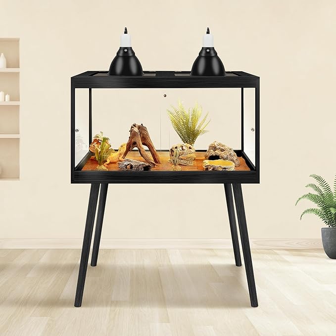 PROLEE Tempered Glass Reptile Enclosure with Leg,24“ Scratch-Proof Bearded Dragon Tank,28 Gallon Lizard Tank with Metal Mesh Tops and Lockable Door,Spacious Reptile Habitat for Snake,Tortoises (Black)