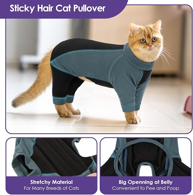 SUNFURA Hair Sticky Cat Clothes, Cat Sweater for Cats Only, 4-Legged Fleece Sweaters Kitten Pajamas Reduce Shedding Fur, Warm Pullover Shirts for Cats, Green L