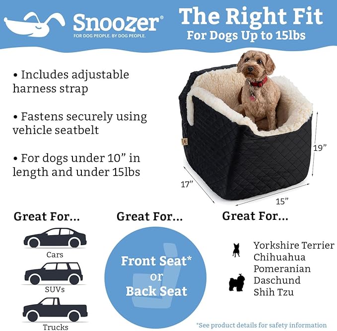 Snoozer Dog Car Seat: Lookout I Dog Booster Car Seat for Dogs Small 5-15 lbs, Pet Car Seat to Alleviate Car Sickness for Dogs, Included Harness Strap, Buckskin Removable Machine Washable Cover