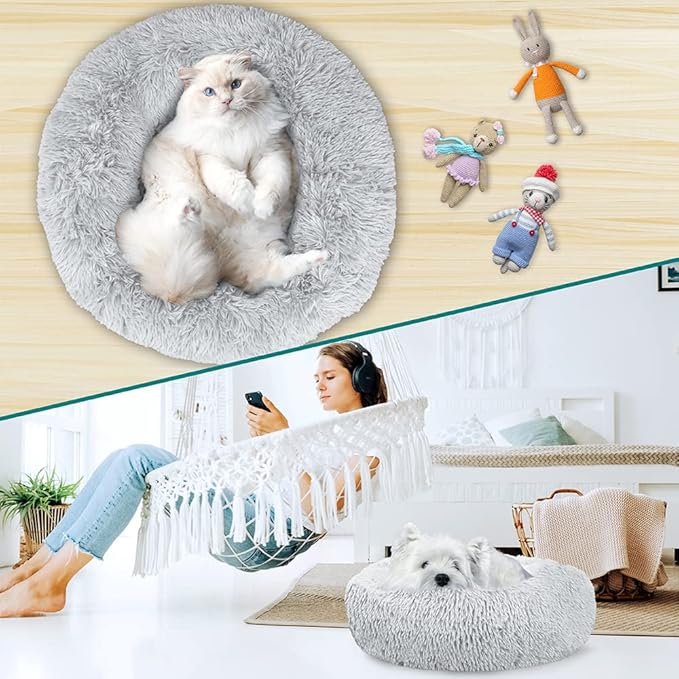 PetAmi Calming Dog Bed for Small Medium Dog Cat, Round Donut Dog Bed Washable, Fluffy Faux Fur Plush Cuddler Pet Kitten Cushion Bed, Anti-Slip, Fits up to 25 lbs, 23 inch, Light Gray