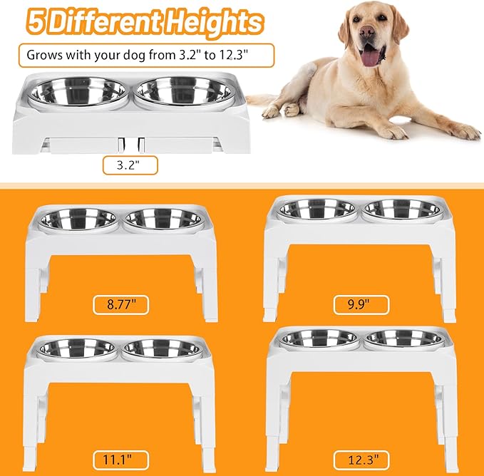 Elevated Dog Bowls with 2 Stainless Steel Food & Water Raised Bowls with No Spill Edge Non-Slip Stand Adjusts to 5 Heights(3.2", 8.77", 9.9",11.1", 12.3") for Small Medium Large Dog and Pet White