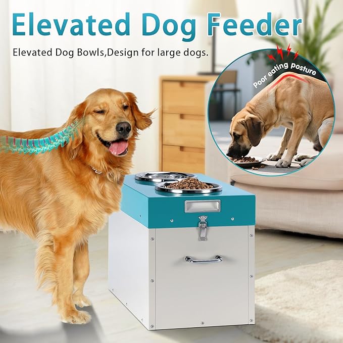 Large Elevated Dog Bowls with Storage,15" H Raised Bowl for Dogs 2-in-1 Airtight Pet Food Storage Holds Up to 45 Lbs2 Removable Stainless Steel Bowls for Medium & Large Dogs
