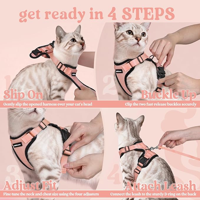 rabbitgoo Cat Harness and Leash for Walking, Escape Proof Soft Adjustable Vest Harnesses for Cats, Easy Control Breathable Reflective Strips Jacket, Light Salmon Pink, S