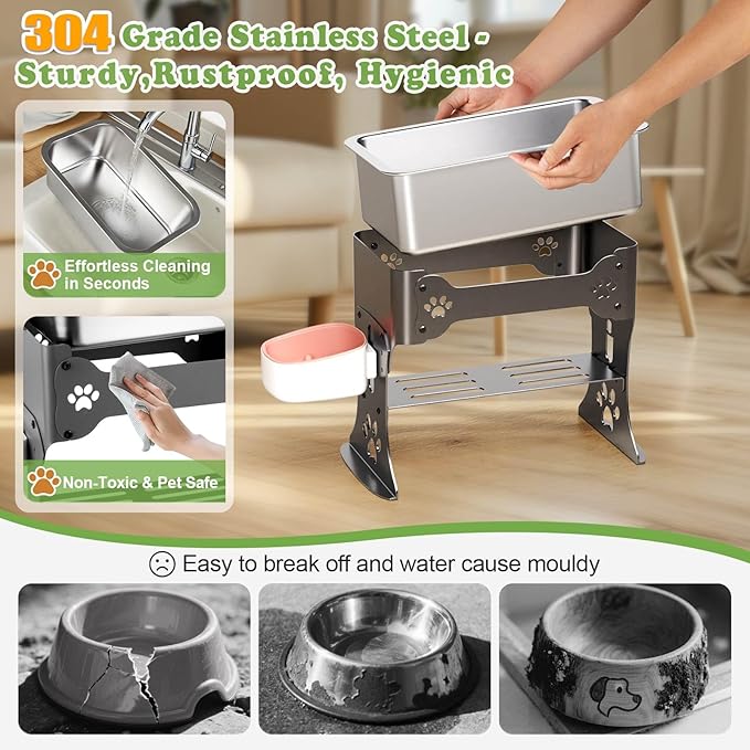 1.5 Gallon Elevated Large Dog Water Bowl, 2 Height Adjustable Stainless Steel Raised Dog Water Bowl Stand for Large Breed, Metal Pet Bowl Stand for Relief Joint Pressure, Easy Clean (Gray)