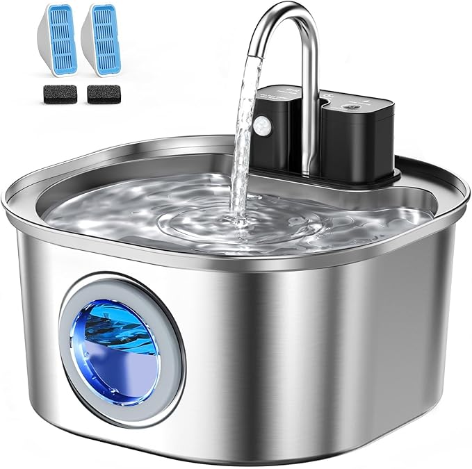 Voluas Cat Water Fountain Stainless Steel: 108oz/3.2L Wireless Cat Fountain Battery Operated for Drinking Indoor, Automatic Pet Water Dispenser Bowl with Ultra Quiet Pump, Easy Clean BPA-Free