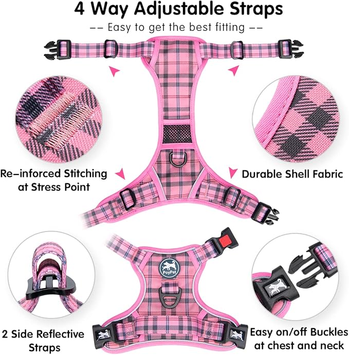 PoyPet No Pull Dog Harness, Reflective Adjustable No Choke Pet Vest with Front & Back 2 Leash Attachments, Soft Control Training Handle for Small Medium Large Dogs(Checkered Pink,S)