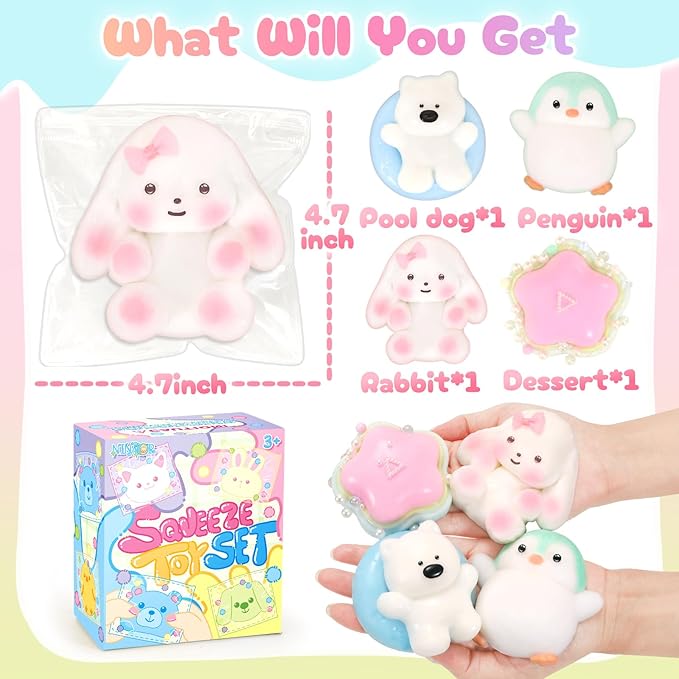 Squishy Fidget Toys 4Pcs, Cute Penguin Bunny Pool Dog Squeeze Sensory Toys for Kids Stress Relief Gifts Treasure Box Toys for Classroom Birthday Party Favors Easter Stocking Stuffers for Teens