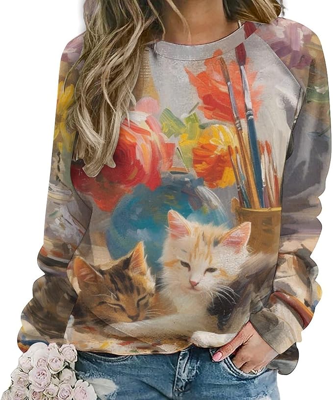 Long Sleeve Shirts for Women Cat Oil Painting Shirt 3D Graphic Sweatshirts Fall Pullover Crewneck Vintage Boho Tops
