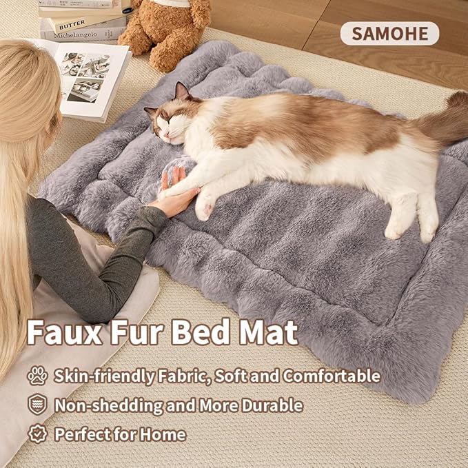 Cat Beds for Indoor Cats Faux Fur Pet Pad Mat Plush Kitten Bed with Non-Slip Bottom for Carriers/Couch Dog & Puppy Friendly 35 x 27 Inch X-Large Gery