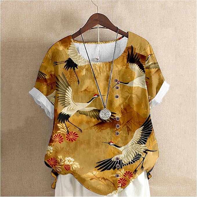 Japanese Print Women Summer Shirts Flower Bird Graphic Plus Size Tunic Tops Crewneck Short Sleeve Blouses