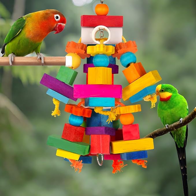 Kyouki Large Parrot Toy, Bird Toys for Cockatoos,Macaws, African Grey, Amazon Parrots,Conures, Lovebirds, Multicolored Natural Wooden Blocks Chewing Toys Bird Cage Accessories (Colorful)