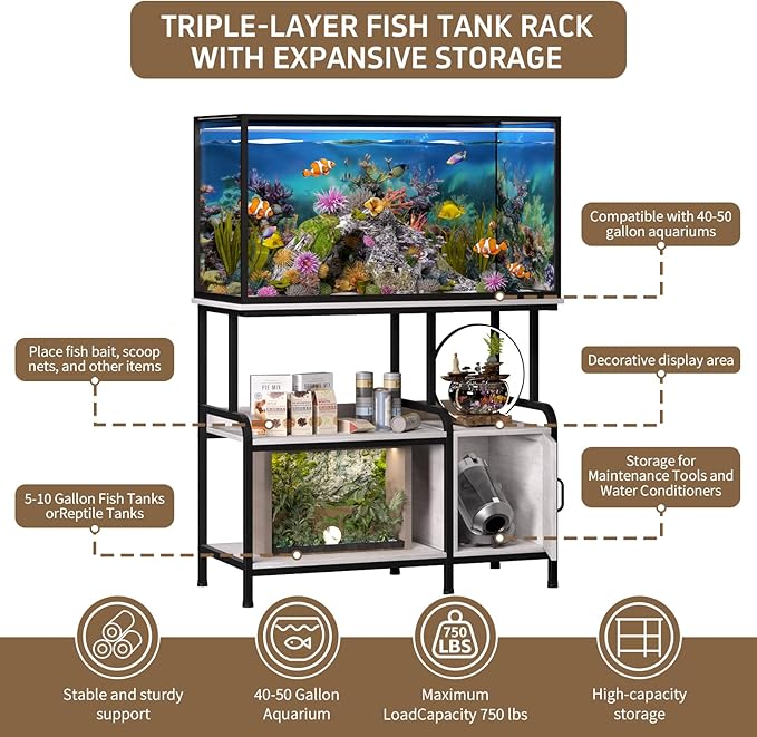 40-50 Gallon Fish Tank Stand，750 lbs Capacity Aquarium Stand，Heavy-Duty 3-Level Reptile Stand with Built-in Storage，36.8×15.7×31.5" Steel Terrarium Stand (Greige)