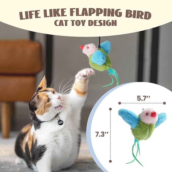 Flapping Bird Cat Toy, Interactive Catnip Kitten Toy with Lifelike Chirping, Rechargeable & Touch Activated for Bored Indoor Adult Cats of All Breeds, Green