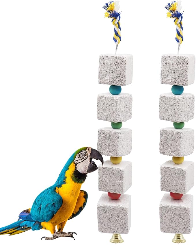 2 Pack Large Bird Chewing Toy, Parrot Beak Grinding Calcium Stone with Bells, Bird Cage Accessories, Cage Toys for Cockatiel Parakeet Parrot Budgies Rat Hamster Chinchilla Rabbit Bunny African Grey