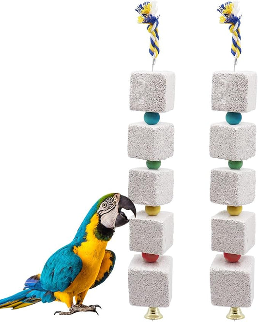 2 Pack Large Bird Chewing Toy, Parrot Beak Grinding Calcium Stone with Bells, Bird Cage Accessories, Cage Toys for Cockatiel Parakeet Parrot Budgies Rat Hamster Chinchilla Rabbit Bunny African Grey