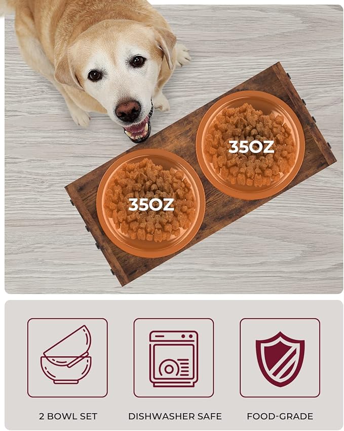Vantic Elevated Dog Bowls, Adjustable Raised Dog Bowl Stand for Medium Sized Pet, Sturdy Particle Board Food Feeder with 2 Stainless Steel Dishes, Rustic Brown
