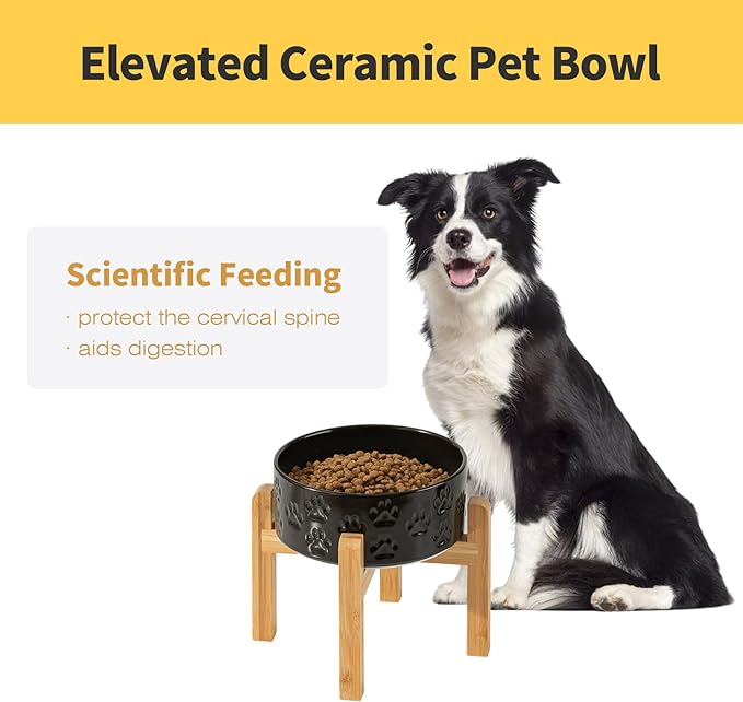Elevated Ceramic Dog Bowls 2 Pack, 7.3“ Individual Dog Bowl Stand for Medium Dogs, 8.1" Tall Non-Slip Bamboo Stand, Dishwasher Safe (Double Bowls + Double Stands - Black, 7.3 inch)