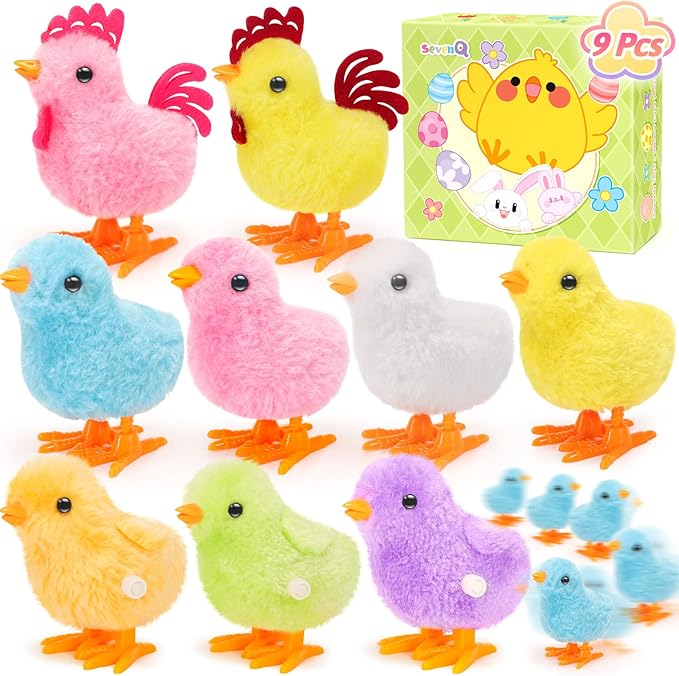 SevenQ Wind Up Toys for Kids Easter Basket Stuffers, 9Pcs Jumping Plush Chicks Small Fidget Toys for Easter Egg Hunt Treasure Box Classroom Prizes Party Favors Goodie Bags Fillers Gifts