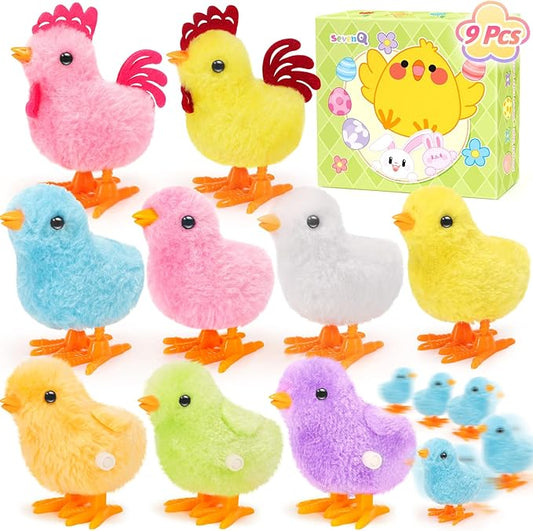 SevenQ Wind Up Toys for Kids Easter Basket Stuffers, 9Pcs Jumping Plush Chicks Small Fidget Toys for Easter Egg Hunt Treasure Box Classroom Prizes Party Favors Goodie Bags Fillers Gifts
