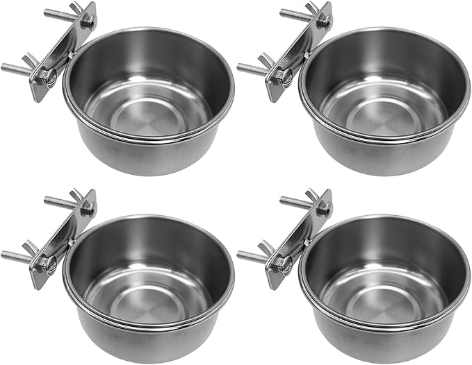 Tfwadmx 4 Pcs Stainless Steel Bird Bowls with Clamp,Clamp Holder Coop Cup,Bird Dishes for Cage, Cage Water Bowl for Cockatiels Lovebird Budgie Chinchilla