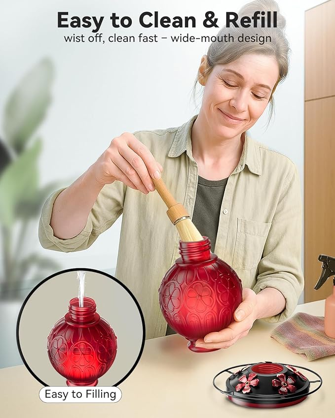 26Oz Hummingbird Feeder for Outdoors, Vintage Glass Bird Feeder with Perch, Durable & Easy to Clean, Hanging Nectar Feeder for Garden, Yard, Deck – Gift for Bird Lovers (Red)