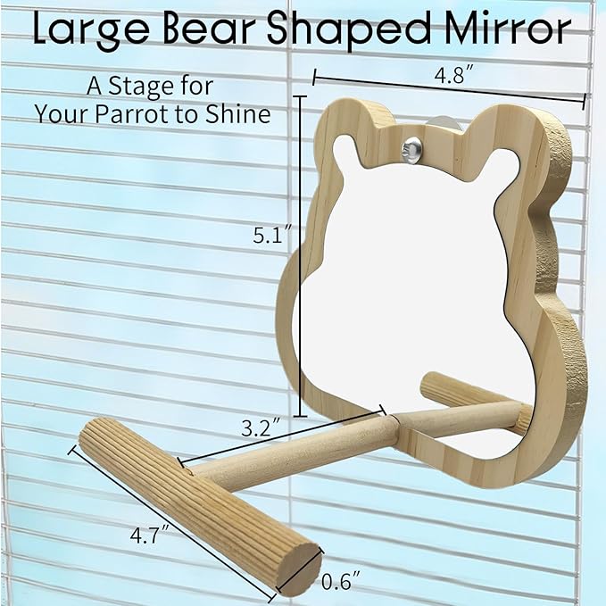 Wooden Bird Mirror with Perch for Cage, Parakeet Toys, Budgie Interactive Toys,Bird Cage Accessories for Parrots Cockatiel Conure Lovebirds Finch Canaries