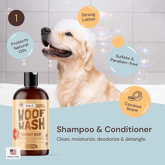 Sunny & Honey Dog Grooming Kit & Shampoo Bundle Pack - 16 oz Coconut Honey Shampoo & Conditioner Set - 8 oz Breeze Dog Deodorizing Spray - Deshedding Brush - Microfiber Towel