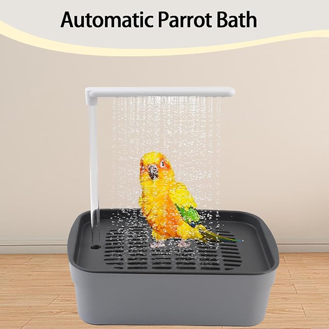 PINVNBY Automatic Bird Bath Shower for Cage,Parrot Bath Box with Pump,Parakeet Bathtub Electric Fountain Circulating Water Contains USB Power Plug for Cockatiel Lovebird Conure Budgie(Gray)