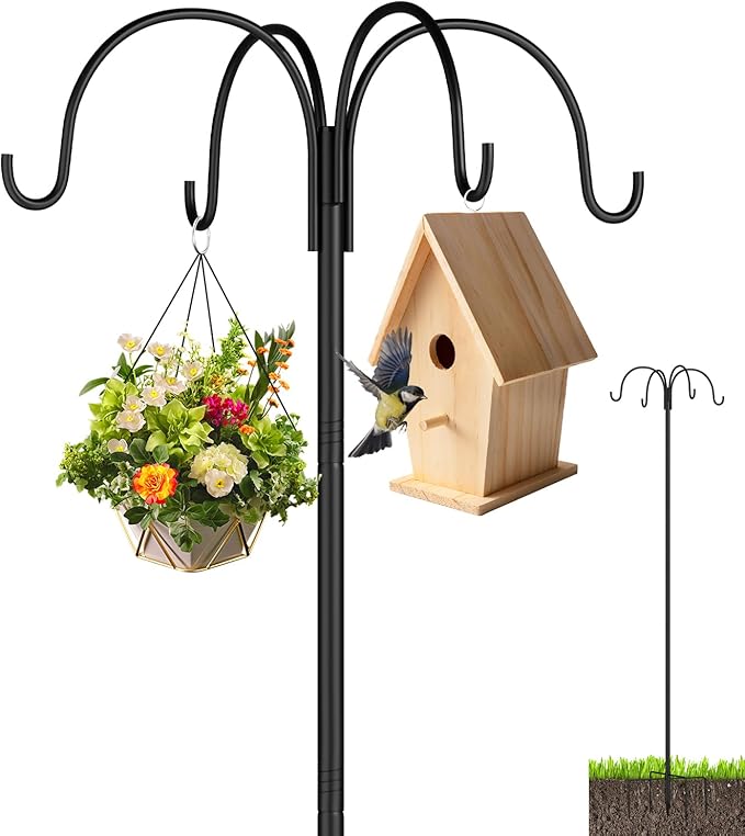 4-Hooks Shepherds Hooks for Outdoor,103'' Bird Feeder Pole with 5-Prong Base,Adjustable Bird House Stand Hanger for Garden Plant,Hummingbird Feeders, Lanterns, Wind Chime
