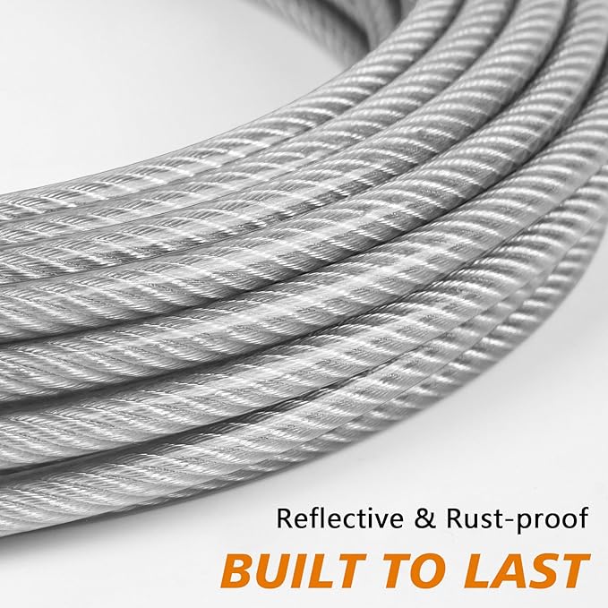 XiaZ Dog Tie Out Cable 50ft, Outdoor Runner Lead Chain Tether for Small Medium Large Dogs, 5mm Diameter Cable,11000 lbs Break Strength, Reflective Silver