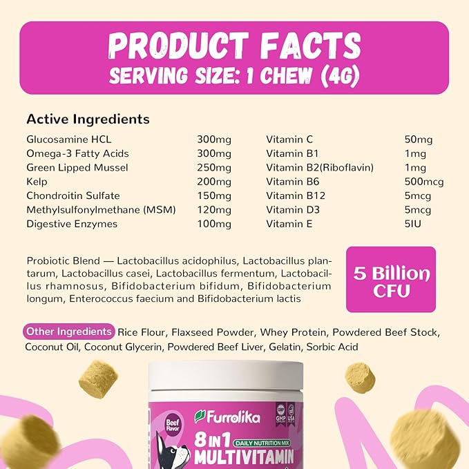 Furrolika Multivitamin Chews for Dogs - Dog Vitamins and Supplements with Glucosamine, Chondroitin, Digestive Enzymes, Probiotics - Hip & Joint, Immune System, Skin & Coat Support - 60 Soft Chews