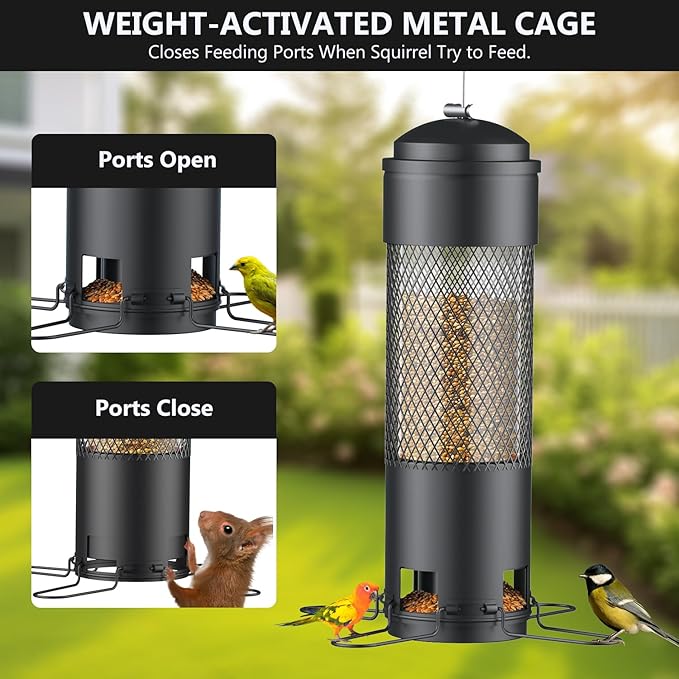 LCSEVEN Bird Feeders for Outdoors Squirrel Proof with Weight-Activated Perches, Hanging Bird Feeder for Outside, Metal Feeder for Wild Cardinal, Finch, Blue Jay, Chickadee, 3LB Seed Capacity, Black