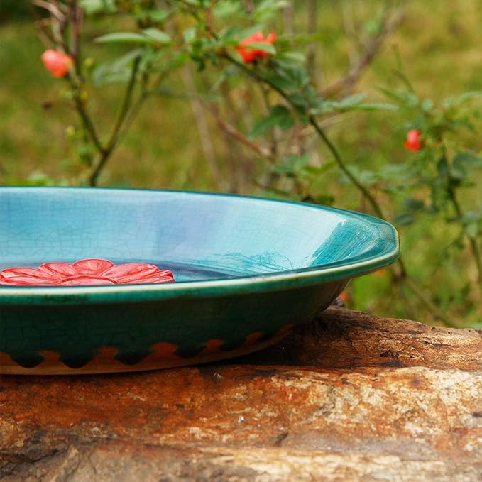 DUSVALLY Vintage Round Bird Bath Ceramic Birdbath Bowl Decor for Bird Bee Bath for Outdoor Patio Garden Backyard Yard,12.25 inch Blue with Red Flower