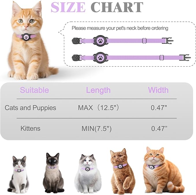 Airtag Cat Collar, Stretchy Kitten Collar with Apple Air Tag Holder, Lightweight and Comfortable, Ultra Elastic GPS Cat Collars for Cats Kittens and Puppies, 8-12.5 inch, Purple