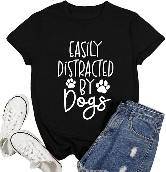 Women Dog Shirts Easily Distracted by Dogs T-Shirt Dog Mom Paw Print Tee Tops