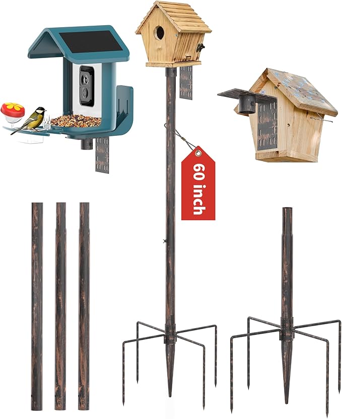 Bird Feeder Pole Stand – 60 Inch Height Feeding Station with 1-Inch Dia Heavy Duty for Hanging Feeders, Bird House Pole Mount Kit for Outdoor, Slip-Fit Connection, Copper Brushed
