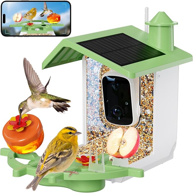 Smart Bird Feeder with Camera, AI Identify Birds Species Solar Panel, 2K HD Live Video Birdhouse, Instant Arrival Alerts, Hummingbird Feeder Weatherproof Design, Ideal Gift for Bird Lovers