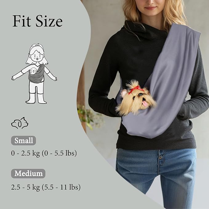 Dog Sling Carrier for Small Dogs, Up to 11 lbs, Dog Carrier Sling is Easy to Carry, Hand Free, Keep Warm, Grey