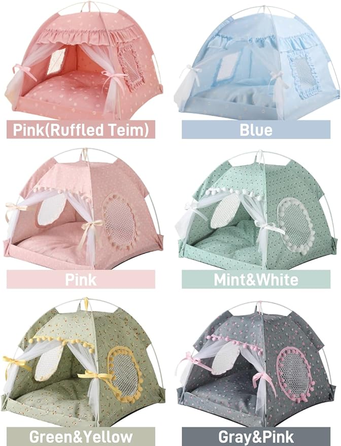 Cat Bed Tents Dog House Indoor Outdoor Lace Mesh Breathable Windows Door Curtains Removable Portable Nest Teepe House (Large,Gray&Pink)