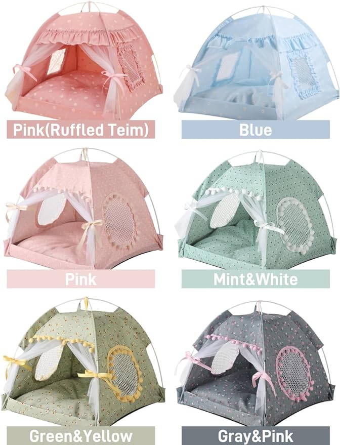 Cat Bed Tents Dog House Indoor Outdoor Lace Mesh Breathable Windows Door Curtains Removable Portable Nest Teepe House (Small,Mint&White)