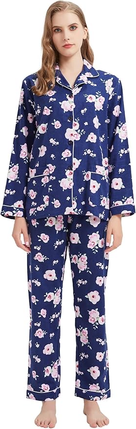 GLOBAL Flannel Pajamas for Women 2-Piece Comfy and Cozy Flannel Pj Set Cotton Loungwear