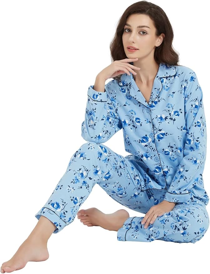 GLOBAL Flannel Pajamas for Women 2-Piece Comfy and Cozy Flannel Pj Set Cotton Loungwear