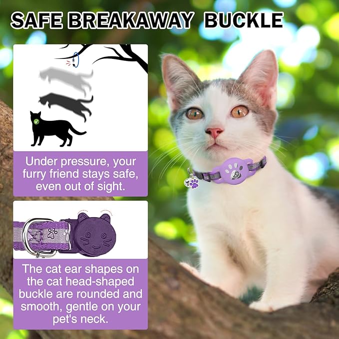 Airtag Cat Collar Breakaway, Reflective Kitten Collar with Bell and Apple Air Tag Holder, GPS Cute Cat Collar, Glow in The Dark Pet Collars for Boy Girl Cats, Kittens, Puppies, Purple