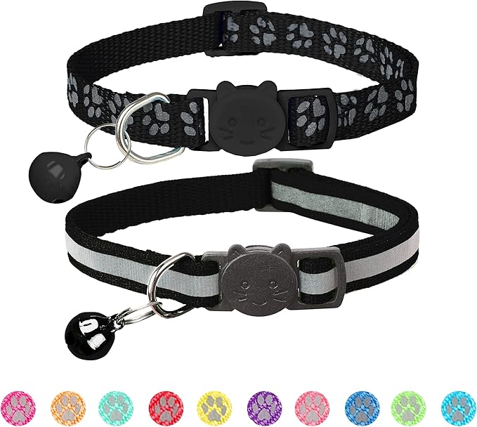 BANMODER 2 Pack Reflective Cat Collar Breakaway with Bell,Personalized Kitten Collars,Adjustable Safety Buckle Collar for Male Cats Girls & Boys (Black)