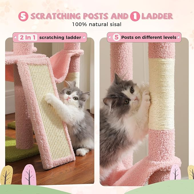 PAWZ Road Pink Cat Tree, Floor to Ceiling Cat Tower with Adjustable Height(85-112 Inches), 7 Tiers Climbing Activity Center with Cozy Hammocks, 5 Platforms and Scratching Posts for Indoor Cats-Pink