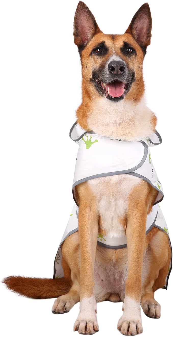 Dog Rain Coat for Large Dogs Waterproof Hooded Rain Jacket with Reflective Strips Leash Hole & Poncho Adjustable Fit (FrogPaw,XL)