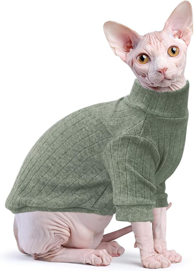Idepet Sphynx Hairless Cats Sweater Shirt Kitten Soft Puppy Clothes Pullover Cute Cat Pajamas Jumpsuit Cotton Apparel Pet Winter Turtleneck for Cats and Teacup Chihuahua Small Dogs(Green,XL)